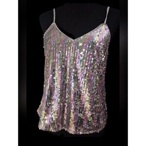 Allegra K Iridescent Pink Sequin V-Neck Cami Top Adjustable Straps Size Small